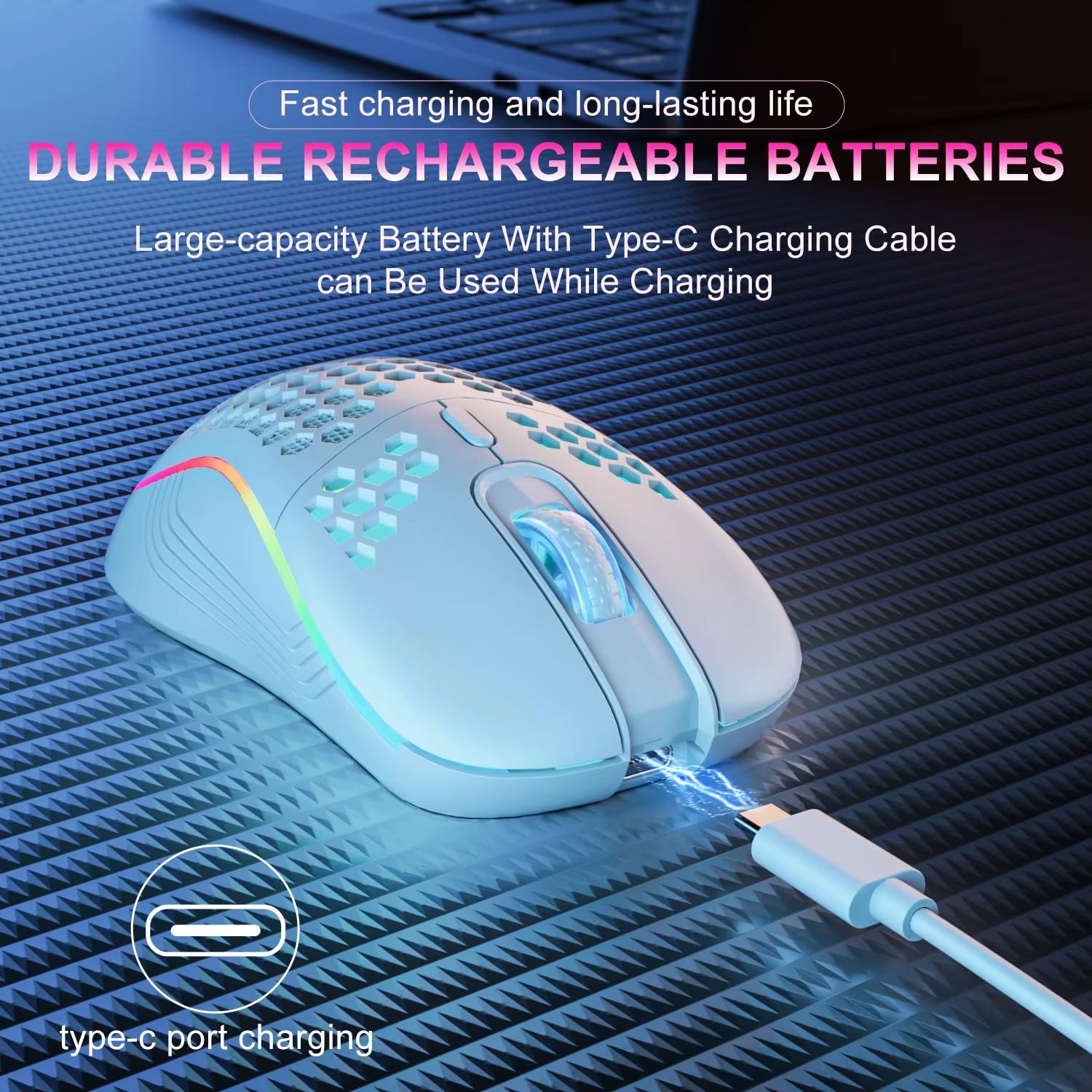 2.4G Wireless Mouse with RGB Backlit 6 - Button 3 - Speed DPI Type C Rechargeable Ergonomic Honeycomb Design Gaming Mouse - Simplux Electronics