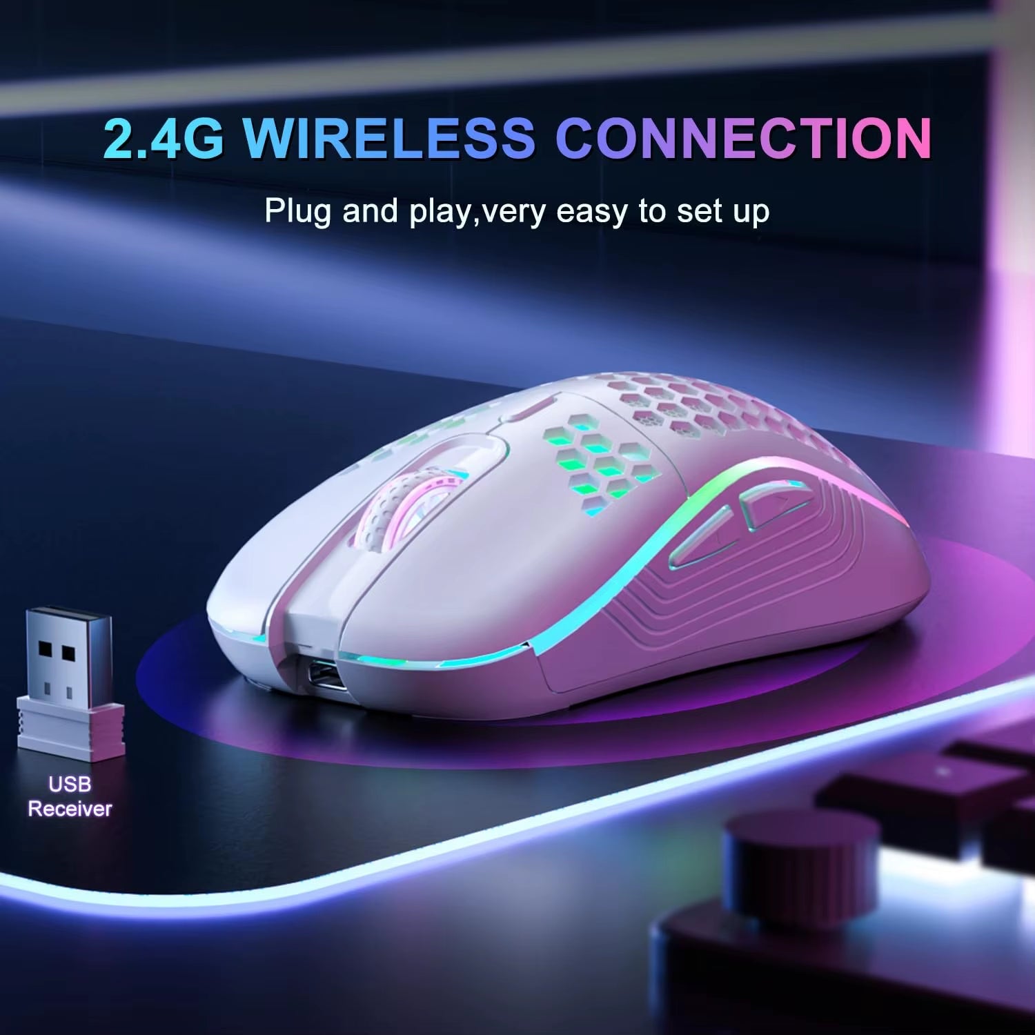 2.4G Wireless Mouse with RGB Backlit 6 - Button 3 - Speed DPI Type C Rechargeable Ergonomic Honeycomb Design Gaming Mouse - Simplux Electronics
