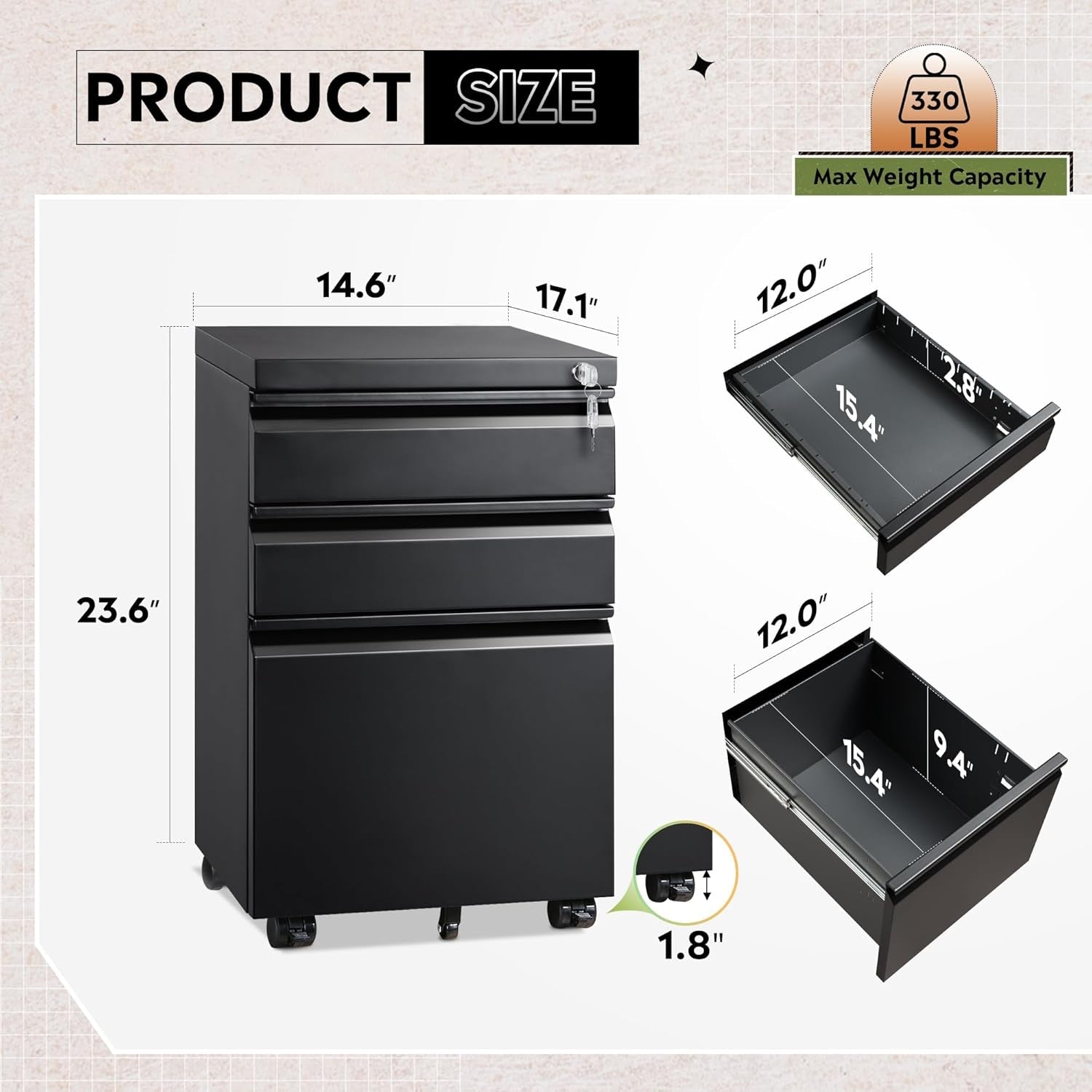 3 Drawer Mobile File Cabinet under Desk Office, Fully Assembled except Casters, Letter/Legal Size, Black - Simplux Electronics