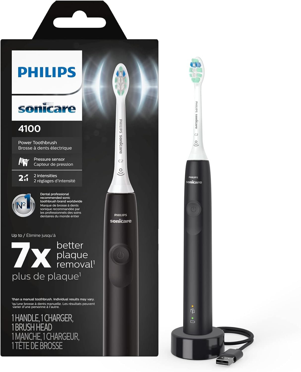 4100 Rechargeable Electric Toothbrush, with Pressure Sensor, 2 Intensity Settings, Smartimer and Quadpacer, 14 - Day Battery Life, Black, Model HX3681/24 - Simplux Electronics