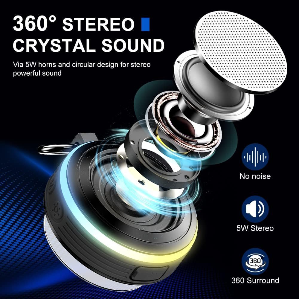 Bluetooth Shower Speaker, Portable Speaker with Subwoofer, IPX7 Waterproof Wireless Speaker, Mini Speaker Stereo with Suction Cups Hook for Beaches, Hiking, Camping, Swimming, Pool Parties - Simplux Electronics